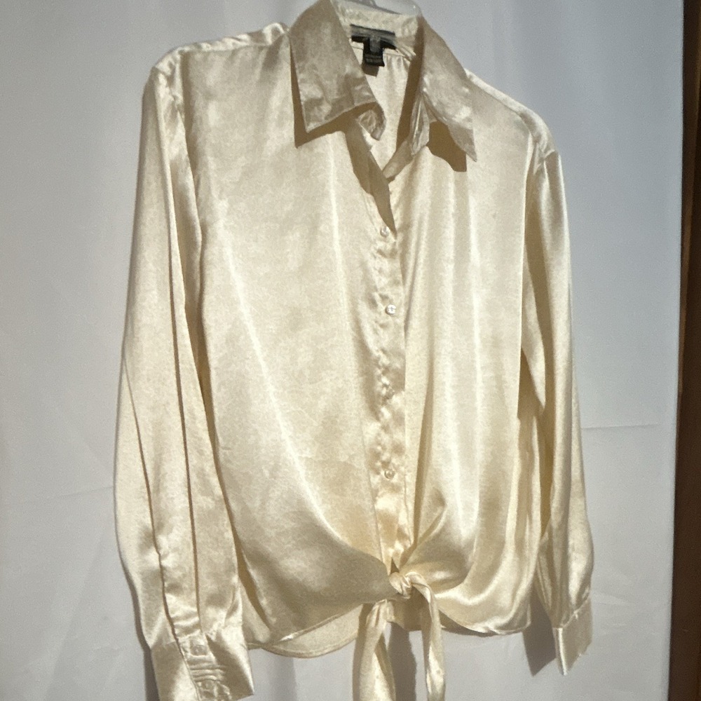 Japna Ivory Satin Collared Long Sleeve Button-Up Tie Front Blouse Women's S